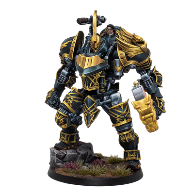 A painted Warcrow miniature of the Hegemony of Embersig War Rig, a large mech in black and gold armour.