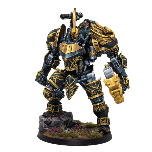 A painted Warcrow miniature of the Hegemony of Embersig War Rig, a large mech in black and gold armour.