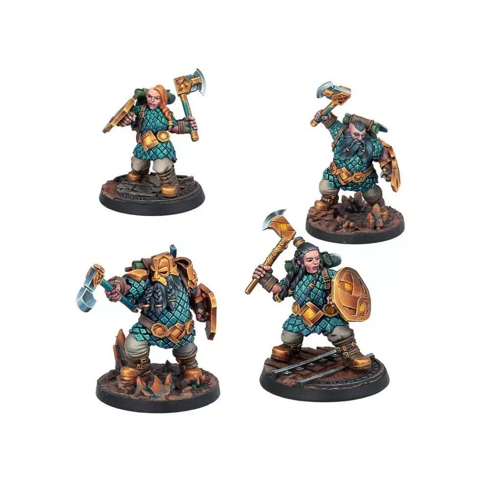 Fully painted Mounthaven Militia miniatures equipped with weapons and shields on scenic bases.