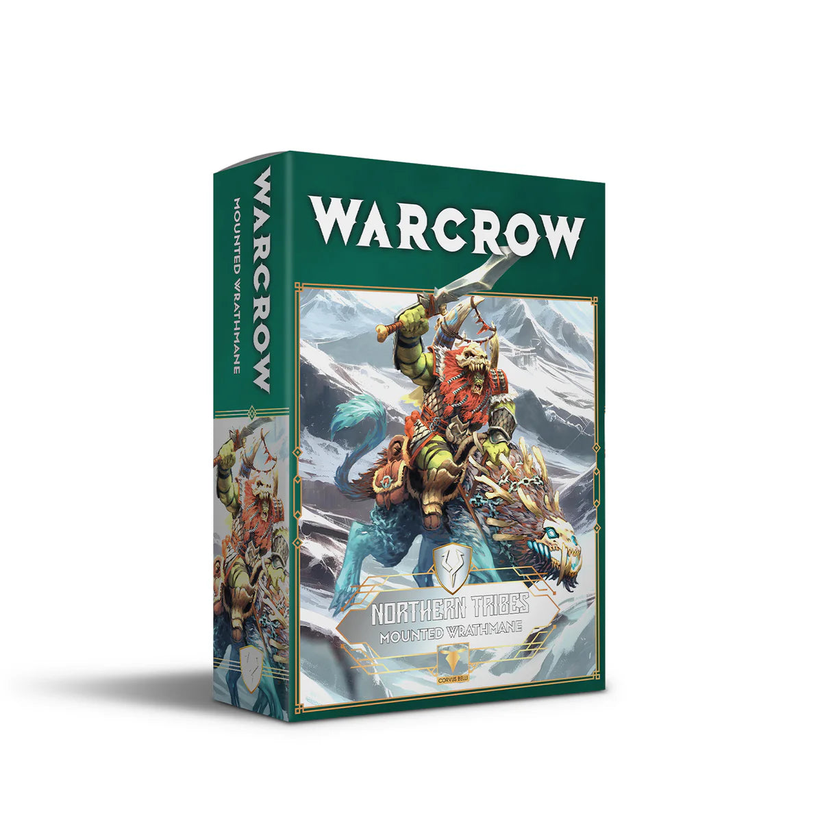 The box for the Warcrow Northern Tribes Mounted Wrathmane, featuring artwork of the orc warrior riding a warg in a snowy landscape.