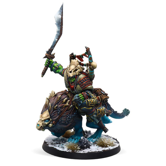 A painted Warcrow miniature of a Northern Tribes Mounted Wrathmane, an orc warrior on a warg, viewed from the front.
