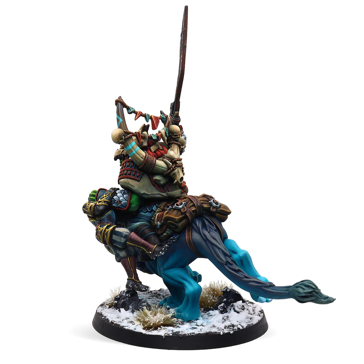 A rear view of the painted Mounted Wrathmane miniature, showing the detail on the orc's armour and the warg's fur.