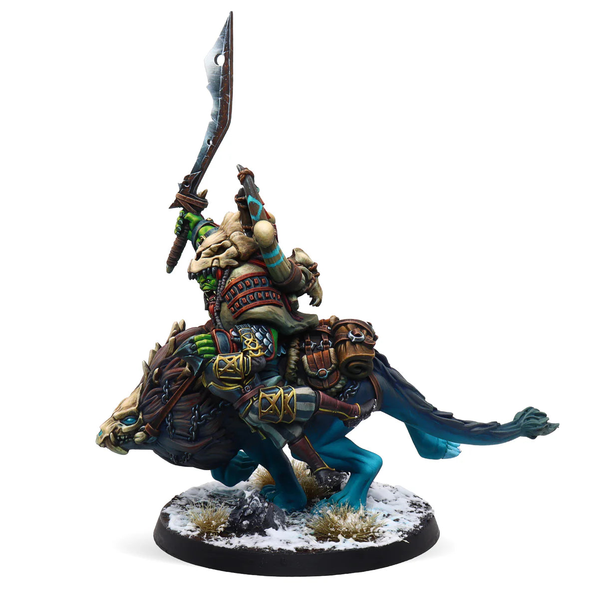 A side view of the painted Mounted Wrathmane miniature, showcasing the dynamic pose of the orc warrior and his warg mount.