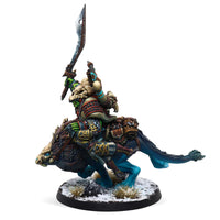 A side view of the painted Mounted Wrathmane miniature, showcasing the dynamic pose of the orc warrior and his warg mount.
