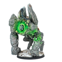 A painted Warcrow miniature of the Northern Tribes Rock Troll, a large stone elemental with a glowing green core.