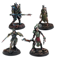 A group shot of the 4 painted miniatures from the Warcrow Scions of Yaldabaoth Husks set.