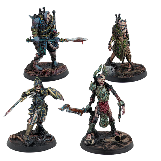 A group shot of the 4 painted miniatures from the Warcrow Scions of Yaldabaoth Husks set.
