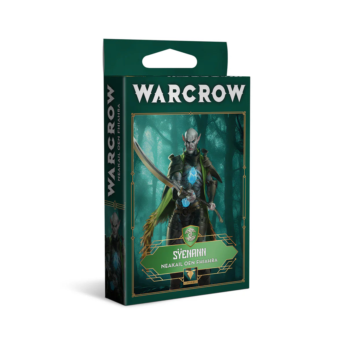 The box for the Warcrow Syenann character Neakail Oen Fhiahra, featuring artwork of the elven warrior in a dark forest.