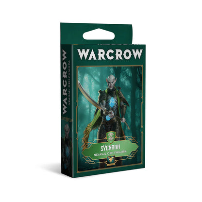 The box for the Warcrow Syenann character Neakail Oen Fhiahra, featuring artwork of the elven warrior in a dark forest.