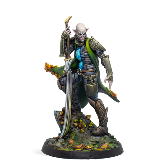 A painted Warcrow miniature of Neakail Oen Fhiahra, an elven Cinereal warrior, viewed from the front holding a large sword.