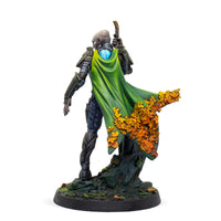A rear view of the painted Neakail Oen Fhiahra miniature, showcasing his green cape adorned with autumn leaves.