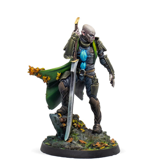A side view of the painted Neakail Oen Fhiahra miniature, showing the detail on his elven armour and green cape.