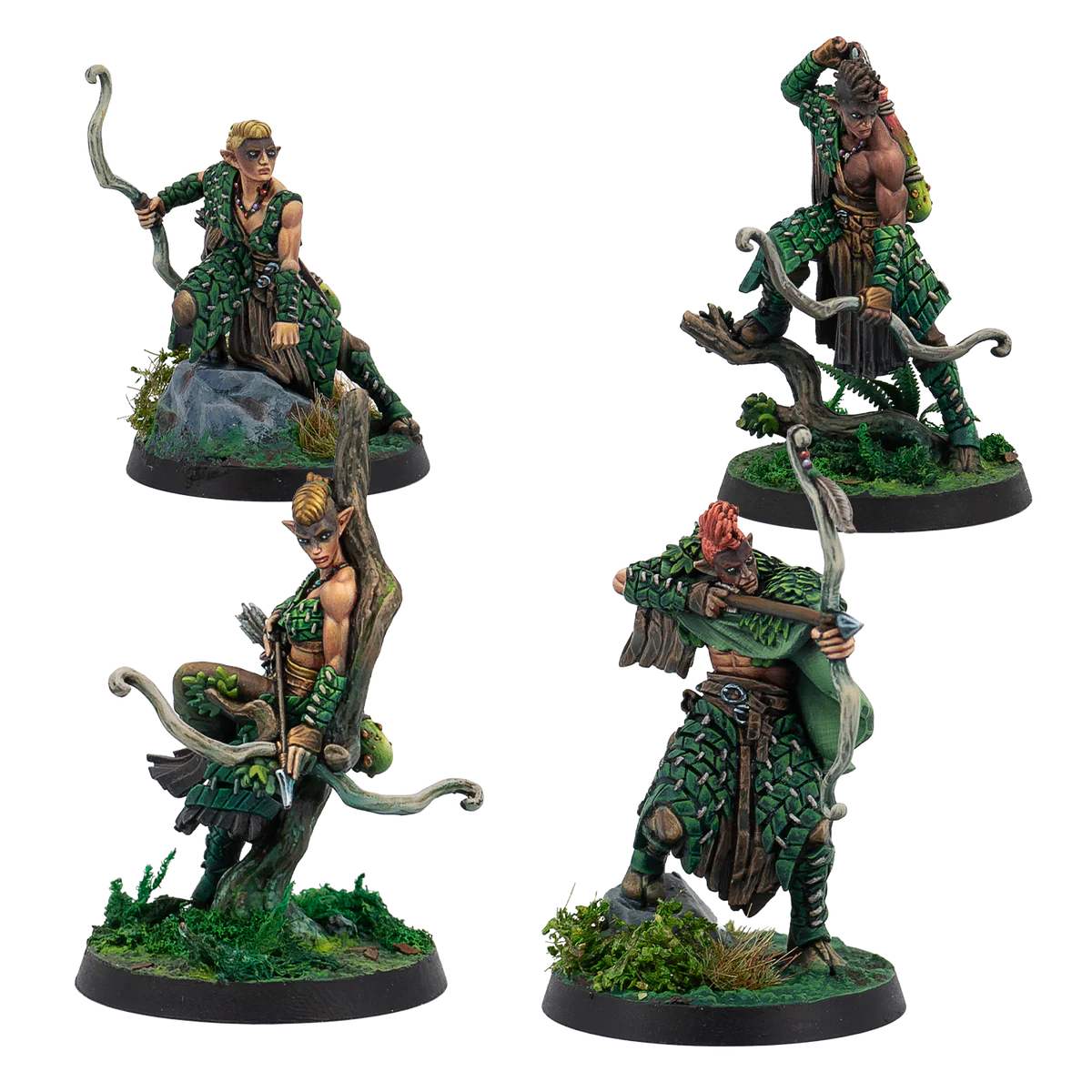 A group shot of the 4 painted miniatures from the Warcrow Syenann Protectors of the Forest set.