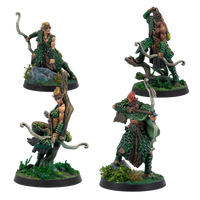 A group shot of the 4 painted miniatures from the Warcrow Syenann Protectors of the Forest set.