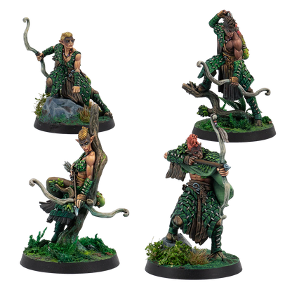 A group shot of the 4 painted miniatures from the Warcrow Syenann Protectors of the Forest set.