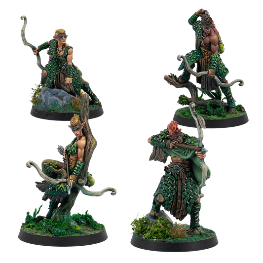 A group shot of the 4 painted miniatures from the Warcrow Syenann Protectors of the Forest set.