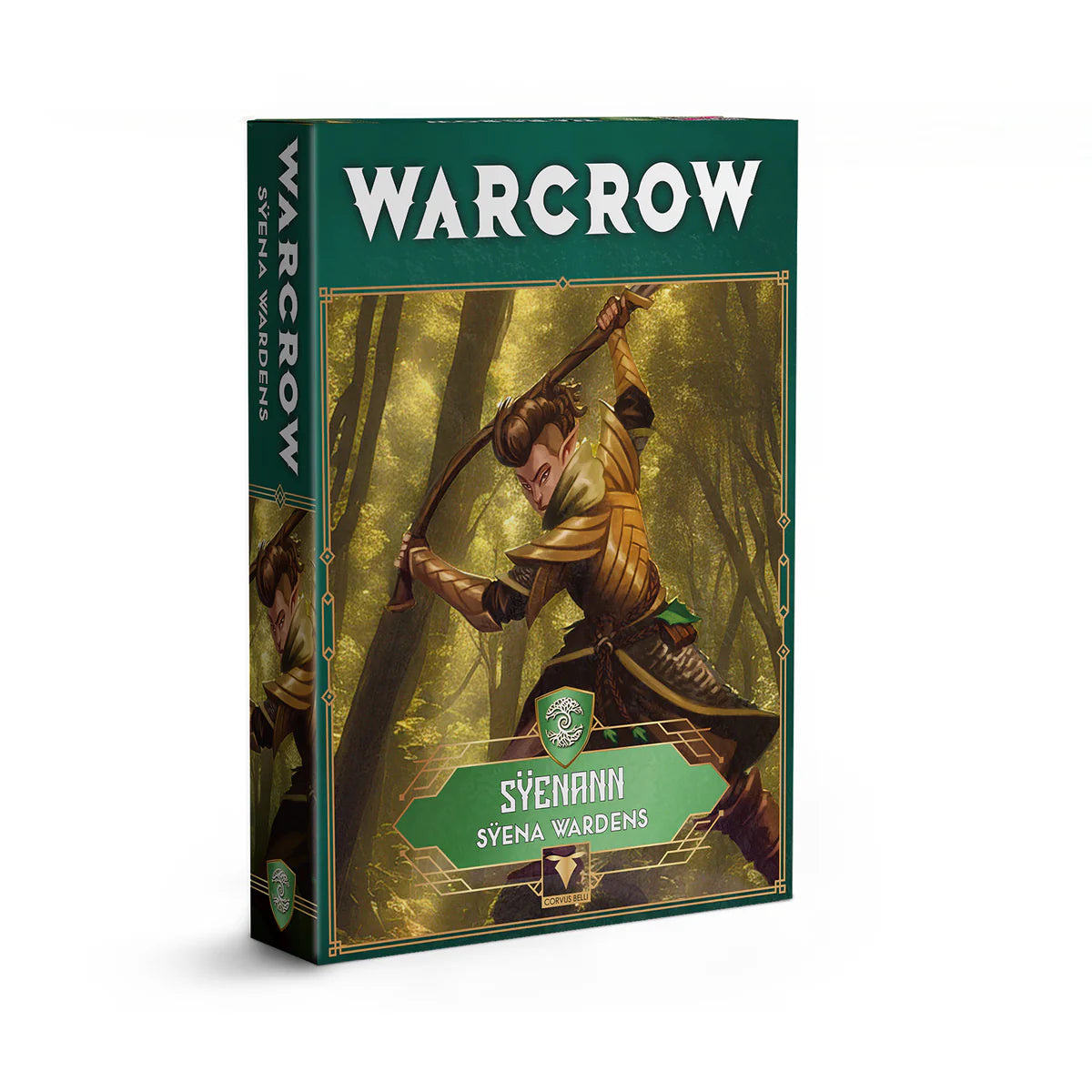 The box for the Warcrow Syenann Syena Wardens, featuring artwork of an elven warrior in a sunlit forest.