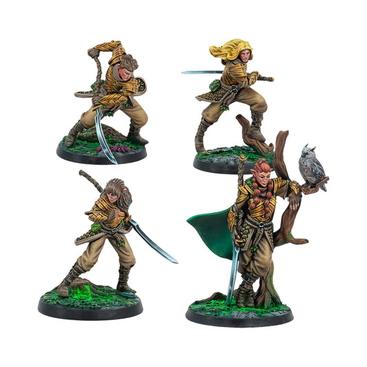 A group shot of the four painted Warcrow miniatures from the Syenann Syena Wardens set, showing the elven warriors.