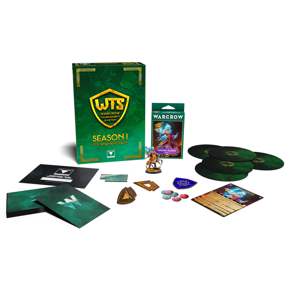 All the contents of the Warcrow WTS Season 1 Tournament Pack, including the exclusive Ismail miniature, tokens, and templates.