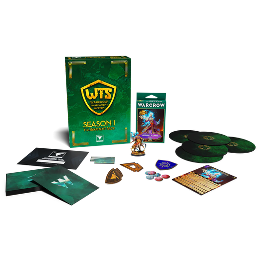 All the contents of the Warcrow WTS Season 1 Tournament Pack, including the exclusive Ismail miniature, tokens, and templates.