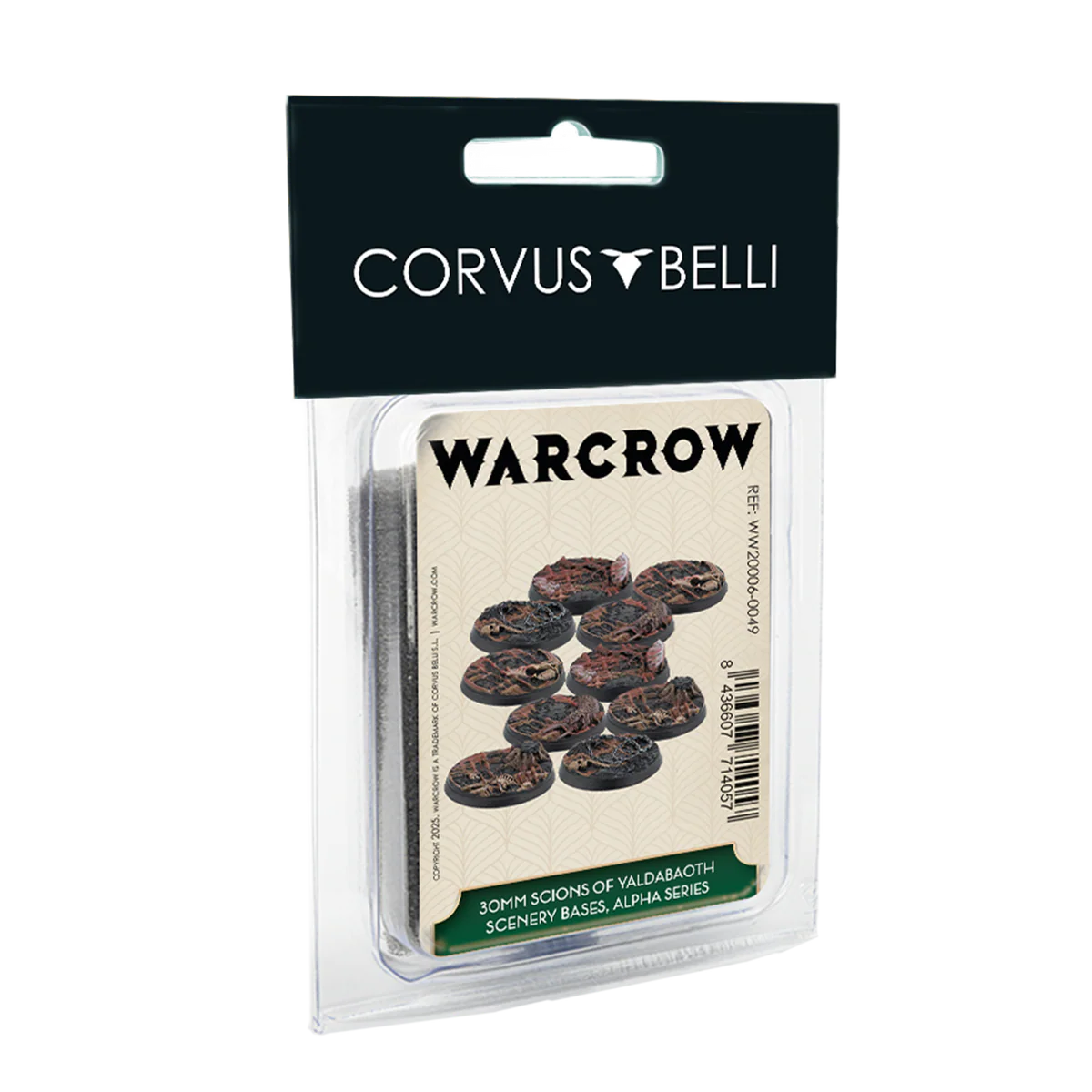 The packaging for the Warcrow 30mm Scions of Yaldabaoth Scenery Bases, Alpha Series.