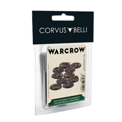 The packaging for the Warcrow 30mm Scions of Yaldabaoth Scenery Bases, Alpha Series.