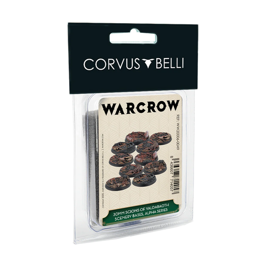 The packaging for the Warcrow 30mm Scions of Yaldabaoth Scenery Bases, Alpha Series.