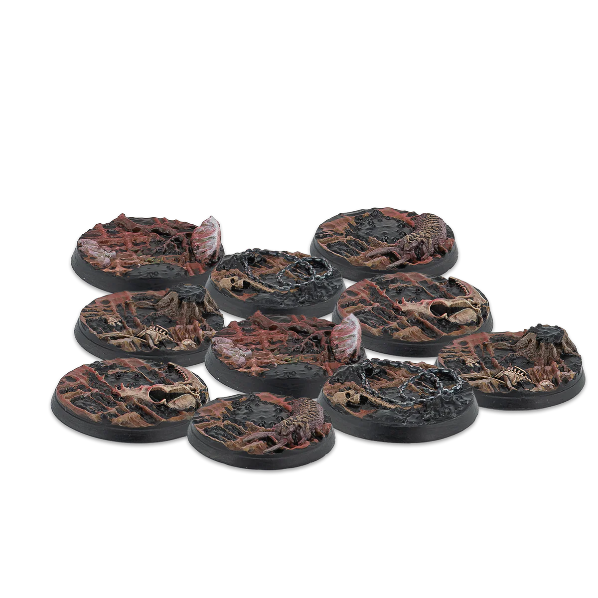 A group shot of the 10 unpainted 30mm Scions of Yaldabaoth Scenery Bases from the Alpha Series for Warcrow.