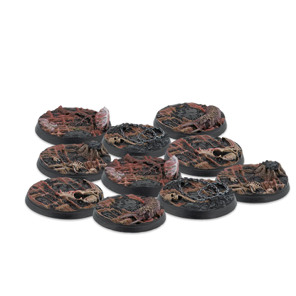 A group shot of the 10 unpainted 30mm Scions of Yaldabaoth Scenery Bases from the Alpha Series for Warcrow.