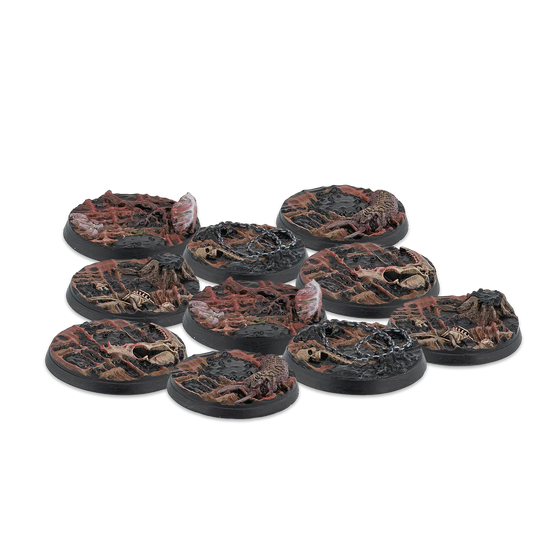 A group shot of the 10 unpainted 30mm Scions of Yaldabaoth Scenery Bases from the Alpha Series for Warcrow.