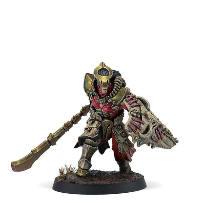 A painted Warcrow miniature of a Scion of Yaldabaoth Anointed, a heavily armoured warrior with a large glaive