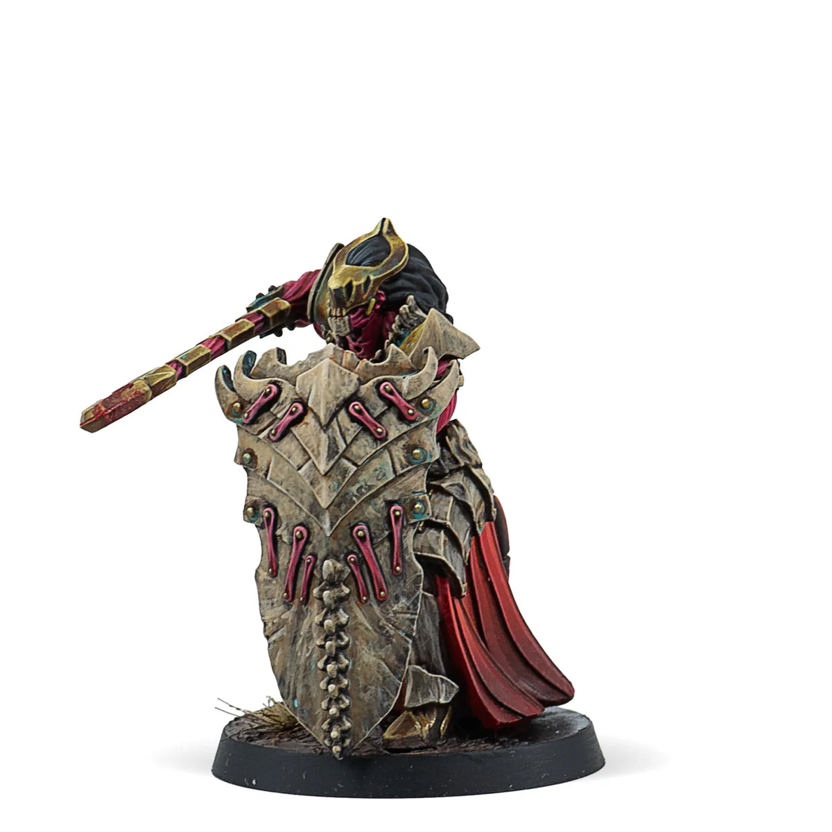 A painted Warcrow miniature of a Scion of Yaldabaoth Anointed, a warrior holding a large, ornate shield.