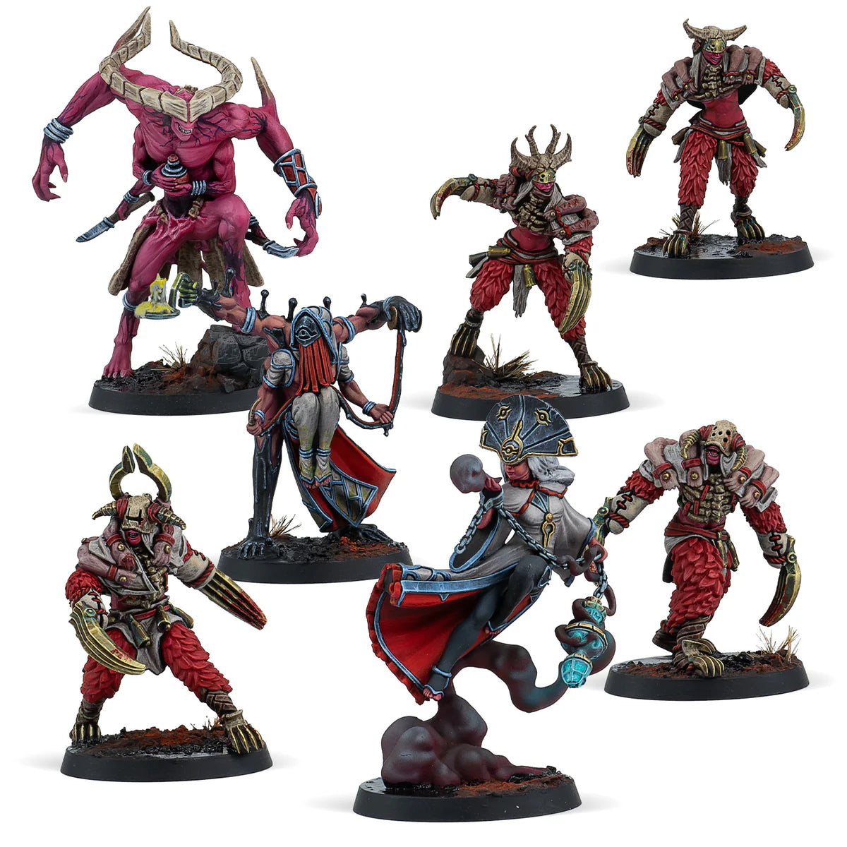 A group shot of the 7 painted Scions of Yaldabaoth miniatures from the Warcrow: Song of the Dormant battle pack.