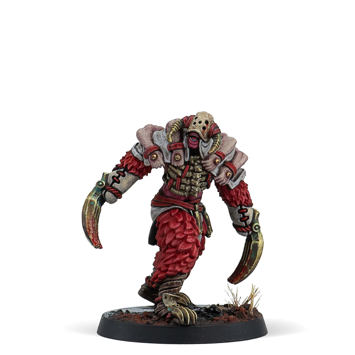 A painted Warcrow miniature of a Scion of Yaldabaoth Intact Sergeant, a demonic warrior with large clawed gauntlets.
