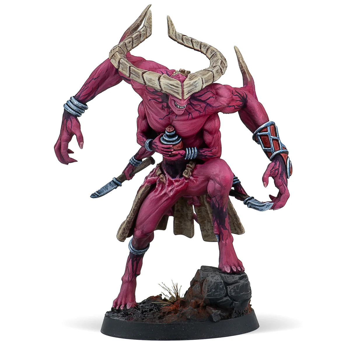 A painted Warcrow miniature of Uruk, He Who is Without Prejudice, a large demonic hero for the Scions of Yaldabaoth.