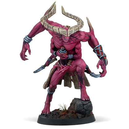 A painted Warcrow miniature of Uruk, He Who is Without Prejudice, a large demonic hero for the Scions of Yaldabaoth.