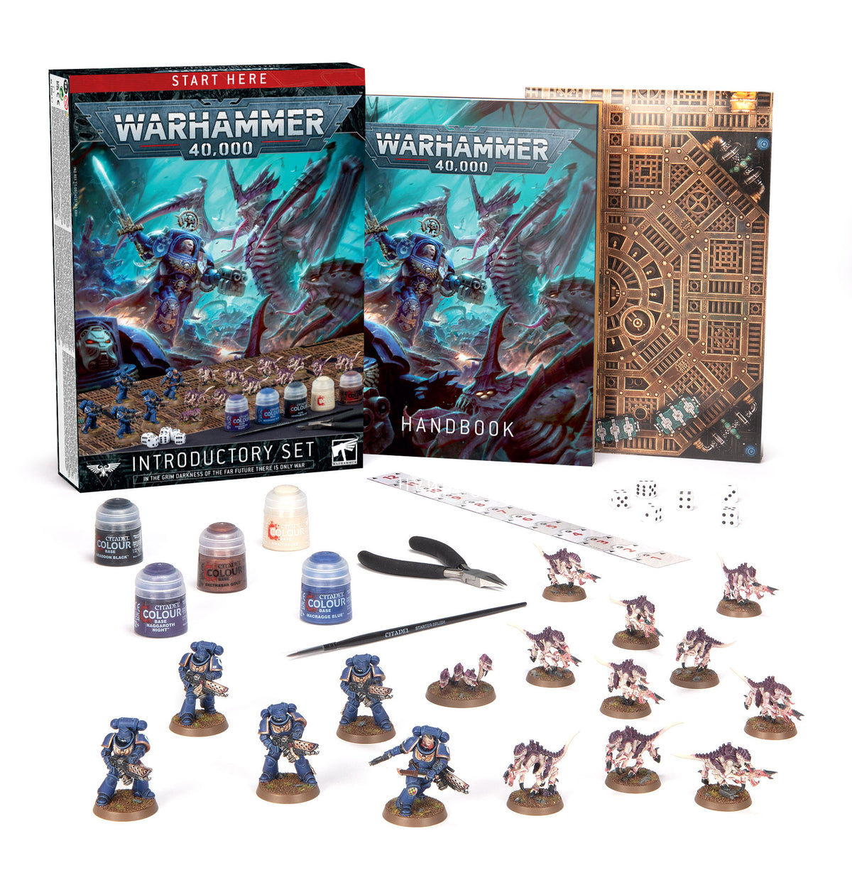 Product contents of the Warhammer 40,000 Introductory Set, showing Space Marines, Tyranids miniatures, paints, clippers, brush, and gaming mat.