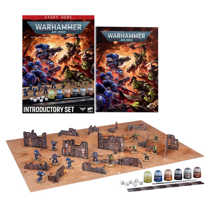 The official retail product box for the Warhammer 40,000 Introductory Set, showing Space Marines, Orks, paints, brush, and accessories.