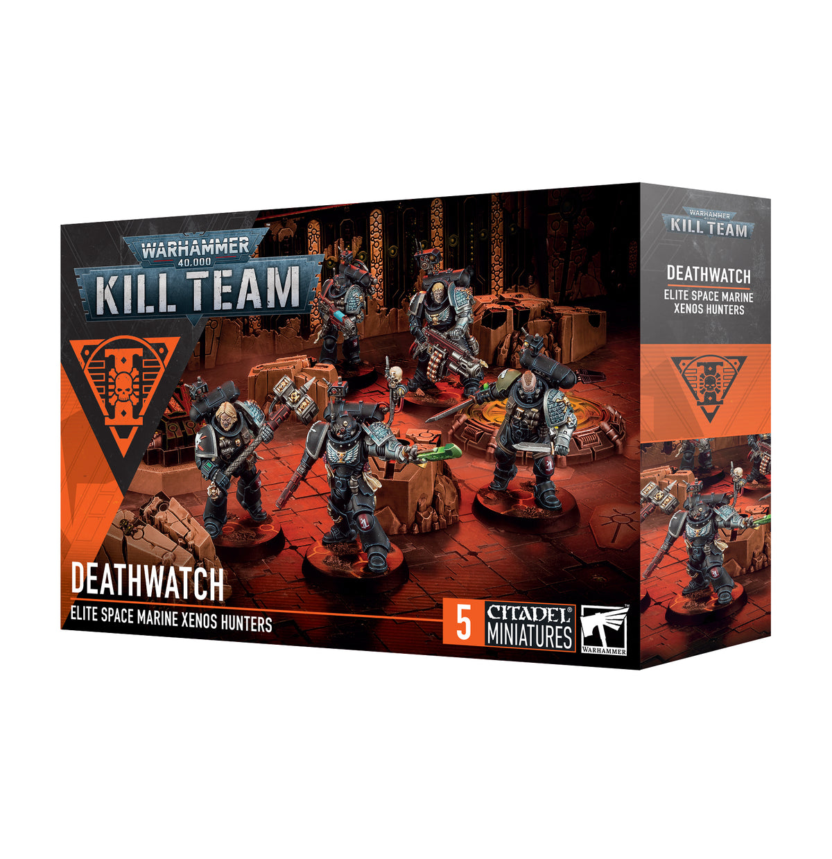 Box art for Warhammer 40,000 Kill Team: Deathwatch, showing five painted elite Space Marine xenos hunters on dynamic industrial terrain.