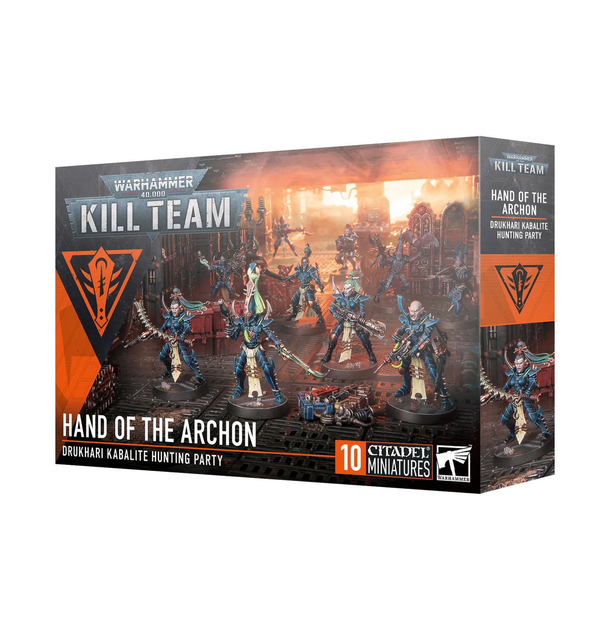Box art for Warhammer 40,000 Kill Team: Hand of the Archon, showing 10 dark-armoured painted Drukhari Kabalite miniatures in an industrial dark corridor.