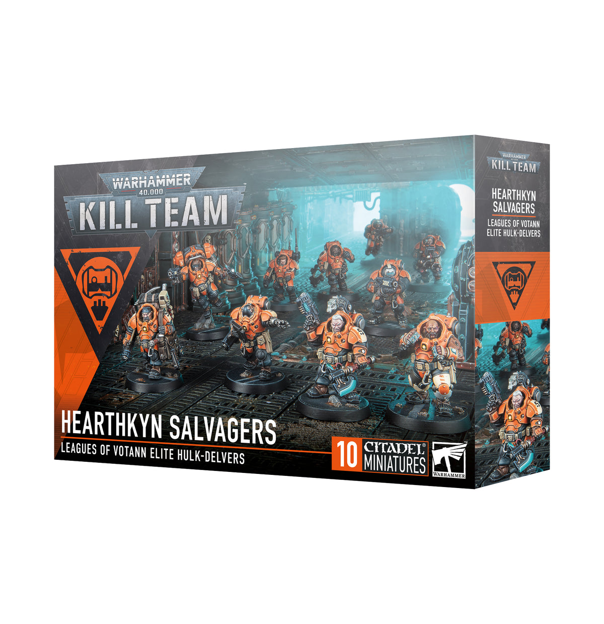 Box art for Warhammer 40,000 Kill Team: Hearthkyn Salvagers, showing 10 painted orange Leagues of Votann miniatures inside a metallic space hulk.