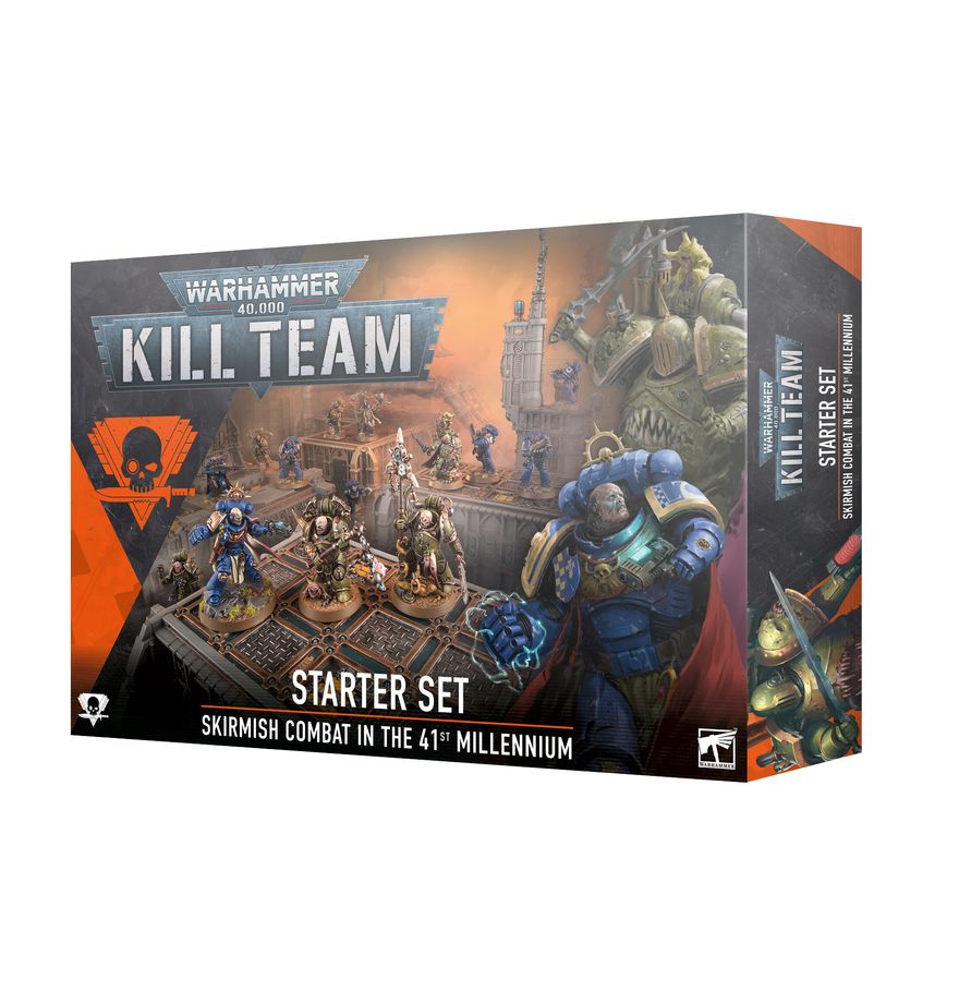 Box art for Warhammer 40,000 Kill Team Starter Set, showing Space Marines and Death Guard miniatures battling on terrain with a dynamic background.