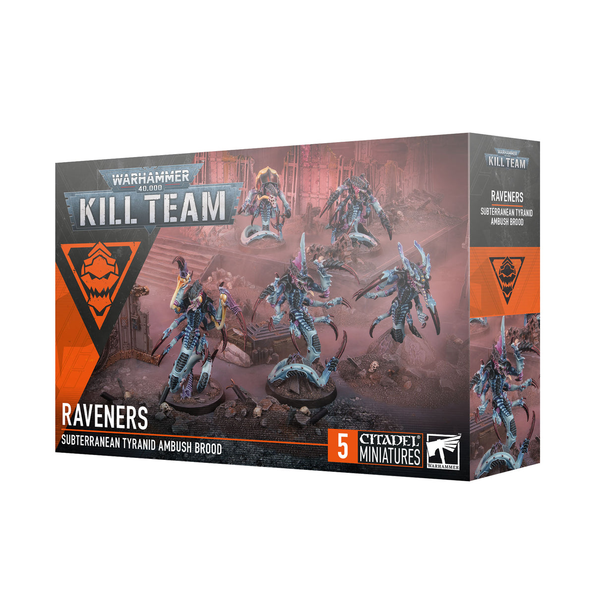 Box art for Warhammer 40,000 Kill Team: Raveners, showing five painted Tyranid serpentine bioforms emerging through battlefield fog.