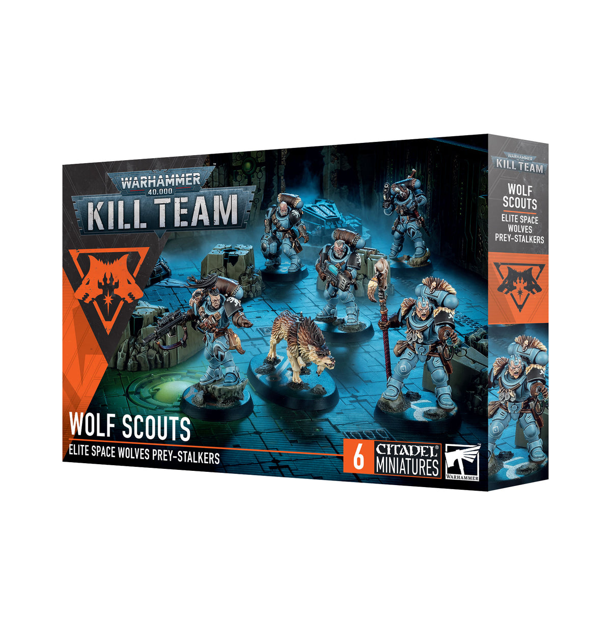 Box art for Warhammer 40,000 Kill Team: Wolf Scouts, showing six painted Space Wolves miniatures.