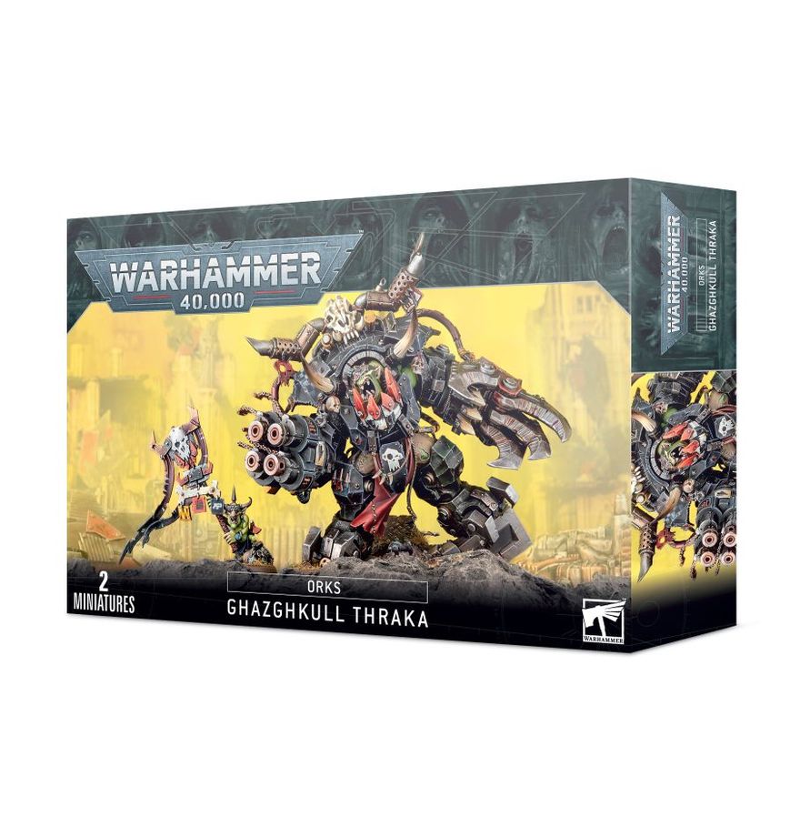 Box art for Warhammer 40,000 Orks Ghazghkull Thraka, showing the massive painted mechanical Ork centerpiece alongside the small grot Makari.