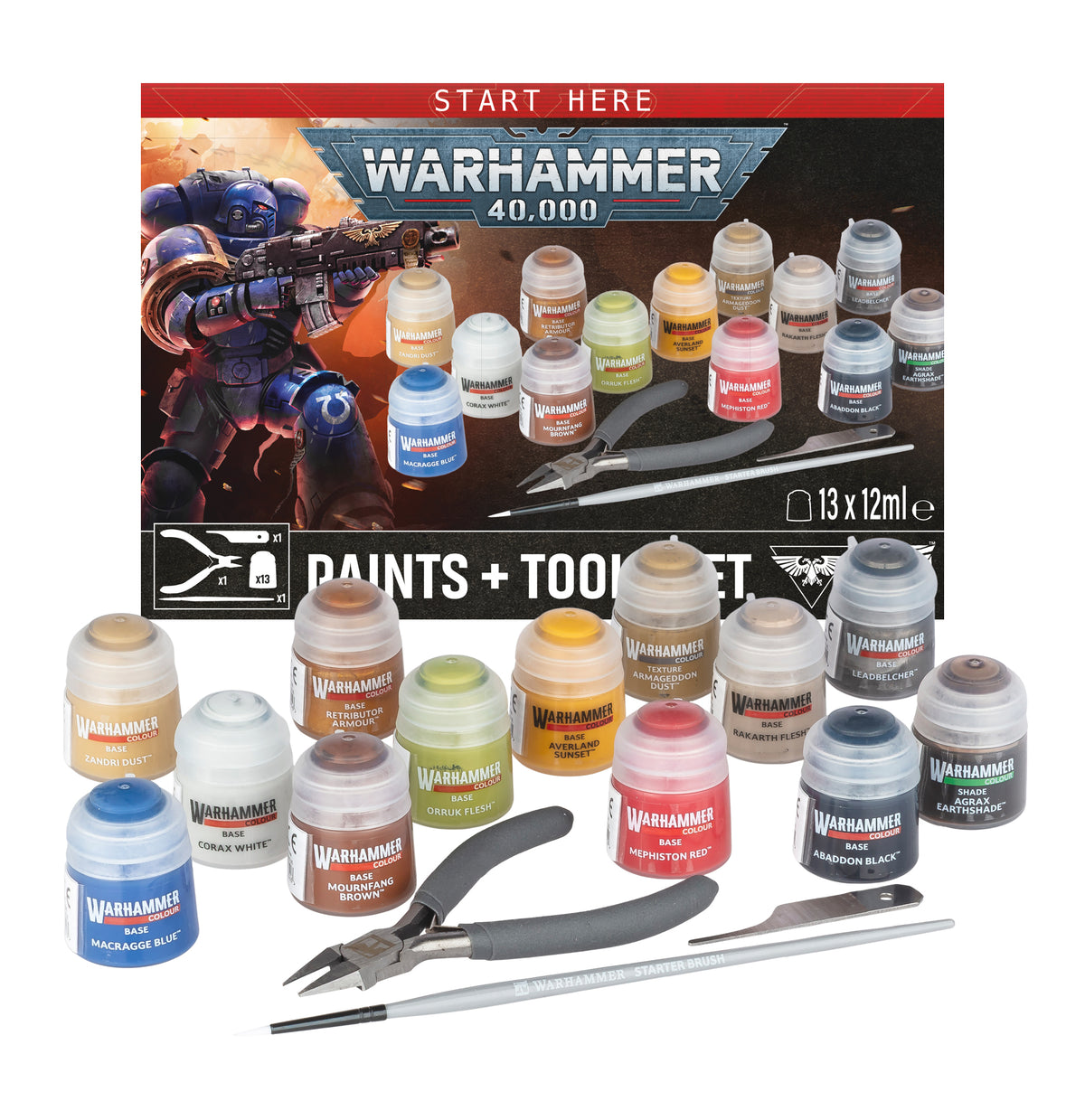 The official retail product box for the Warhammer 40,000 Paint + Tools set, showing the clippers, scraper, brush, and paint pots.