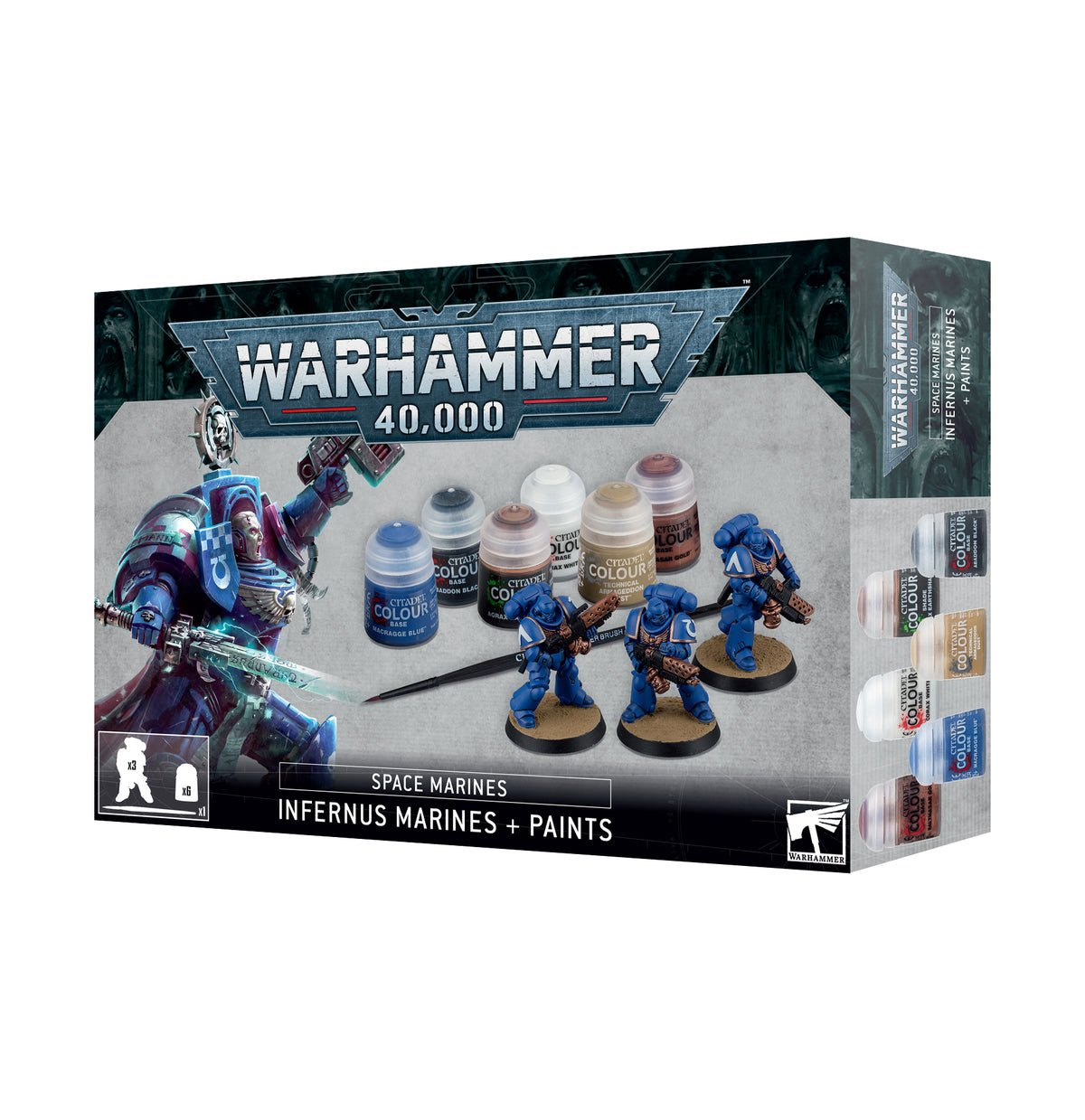 Box art for Warhammer 40,000 Space Marines Infernus Marines and Paints set, showcasing three blue miniatures and six Citadel paint pots.