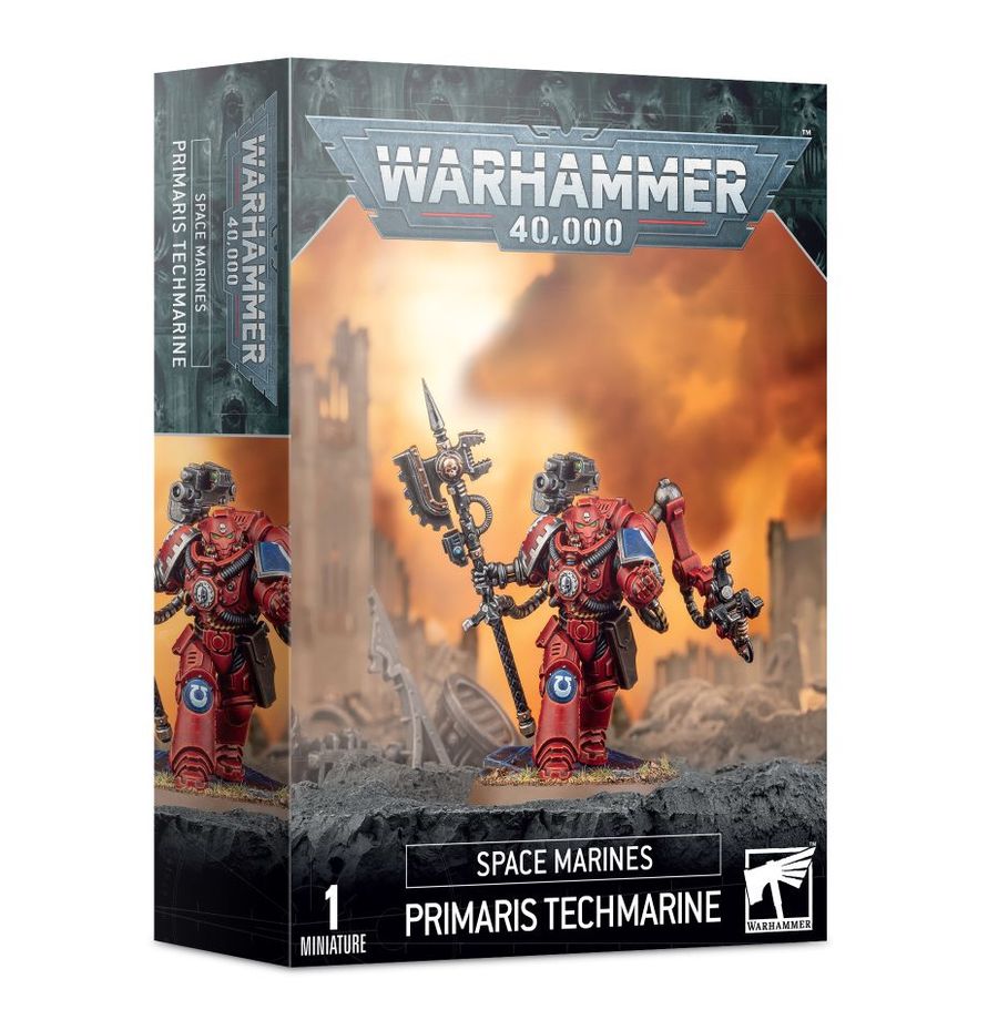 Box art for Warhammer 40,000 Space Marines Primaris Techmarine, showing one painted red Techmarine miniature with an Omnissian power axe against a fiery battlefield backdrop.
