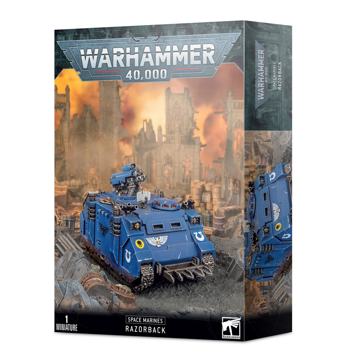 Box art for Warhammer 40,000 Space Marines Razorback, showing a painted blue Ultramarines transport tank on ruined battlefield terrain.