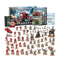 Warhammer 40k Armageddon 11th Edition box contents showcasing all Space Marine and Ork miniatures, rules, and cards. Christchurch, NZ.